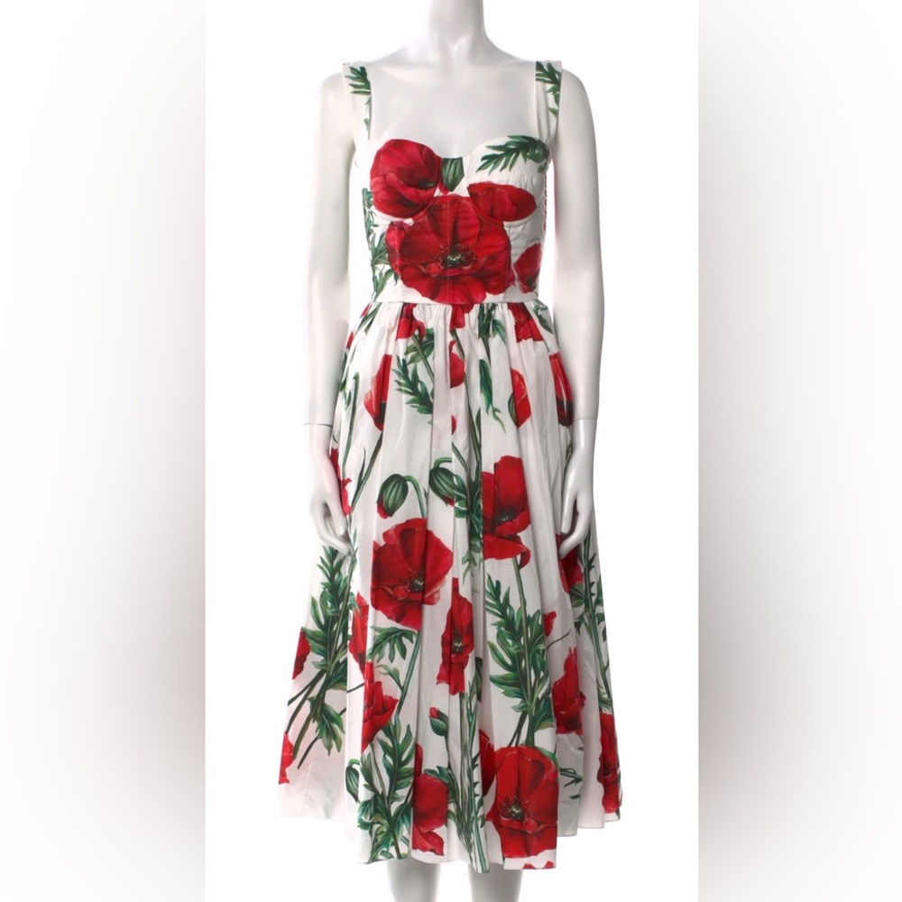 Dolce & Gabbana Red and Green Floral Midi Dress